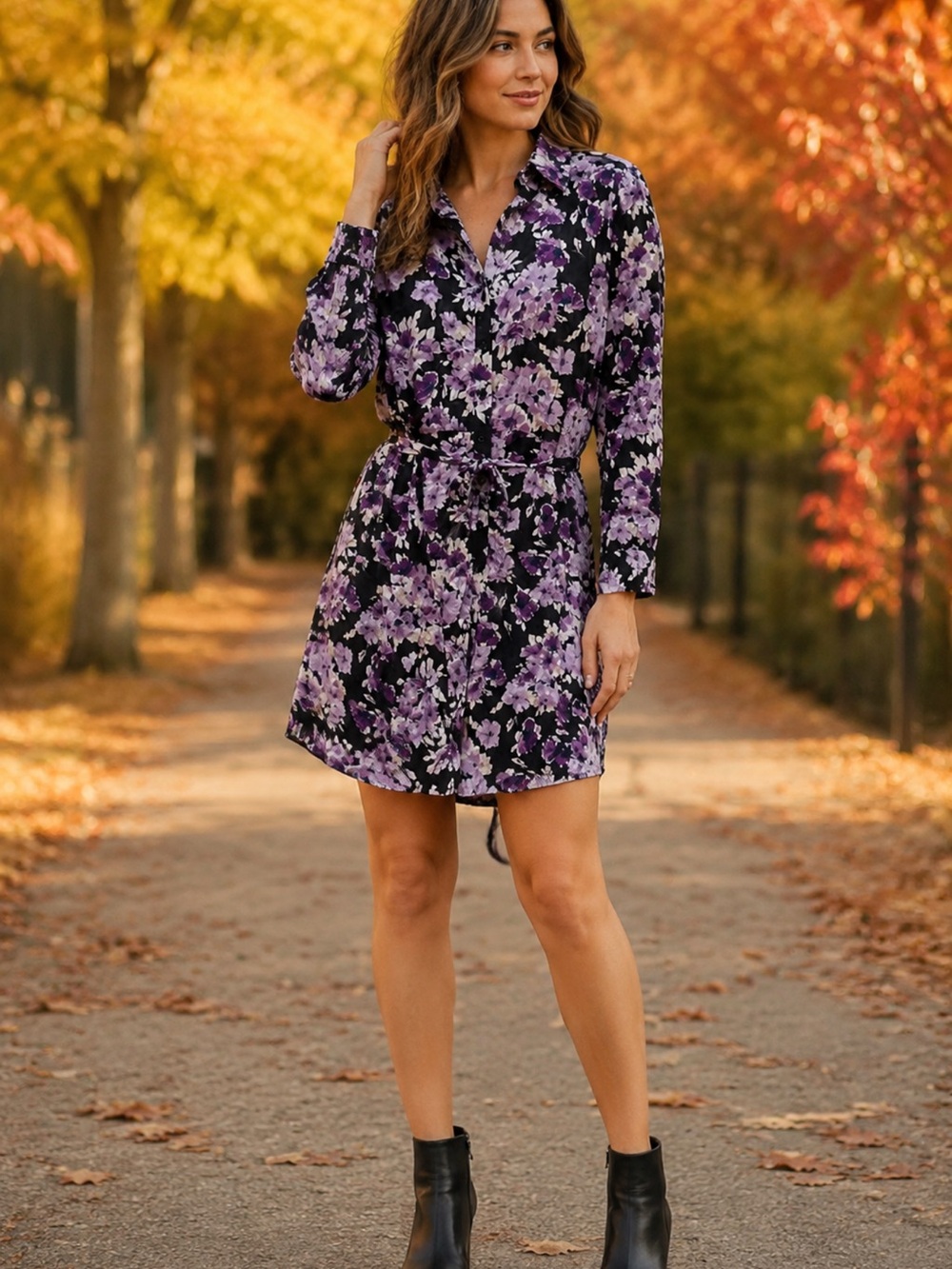 Rickies Black Floral Long-Sleeve Shirt Dress with Purple Blooms